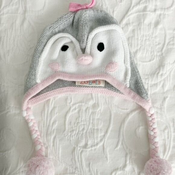Zubels Knit Winter Hat Little Bird Owl Pink Gray White Baby Penguin Size 6-12M - Picture 1 of 3